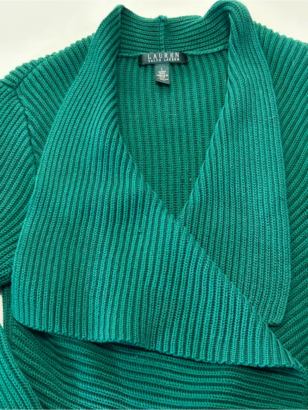 Lauren Ralph Lauren Green Ribbed Shawl-Collar Cardigan Double Breasted SZ L EUC - Picture 7 of 13